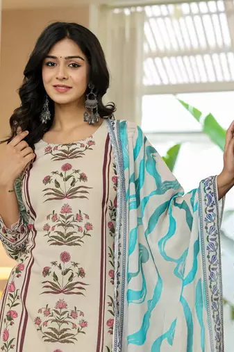 blue cotton straight floral print beads and stones lace work kurta dupatta set