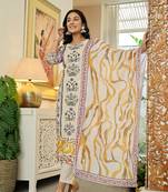 yellow cotton straight floral print beads and stones kurta dupatta set