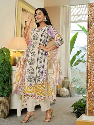 yellow cotton straight floral print beads and stones kurta dupatta set 2
