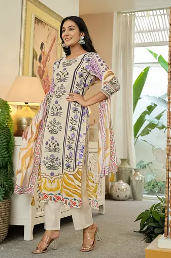 yellow cotton straight floral print beads and stones kurta dupatta set