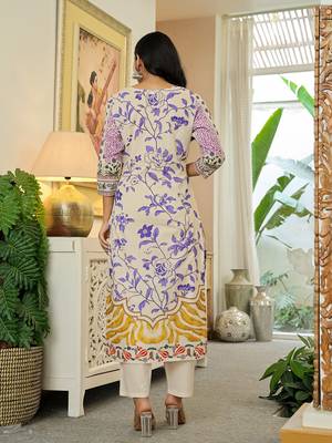 yellow cotton straight floral print beads and stones kurta dupatta set 3
