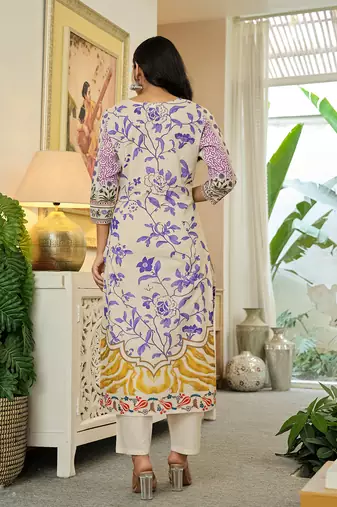 yellow cotton straight floral print beads and stones kurta dupatta set