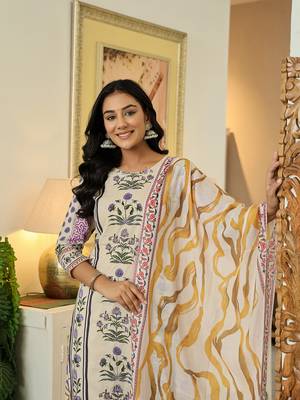 yellow cotton straight floral print beads and stones kurta dupatta set 5