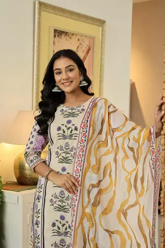 yellow cotton straight floral print beads and stones kurta dupatta set