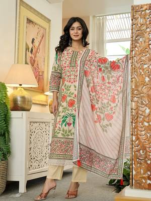pink cotton straight floral print beads and stones lace work kurta dupatta set 1