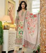 pink cotton straight floral print beads and stones lace work kurta dupatta set