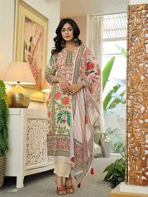 pink cotton straight floral print beads and stones lace work kurta dupatta set 2