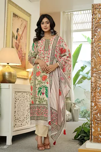 pink cotton straight floral print beads and stones lace work kurta dupatta set
