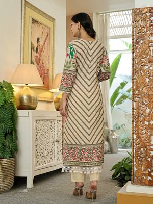 pink cotton straight floral print beads and stones lace work kurta dupatta set 3