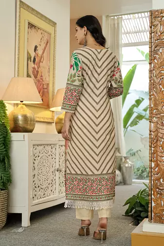 pink cotton straight floral print beads and stones lace work kurta dupatta set