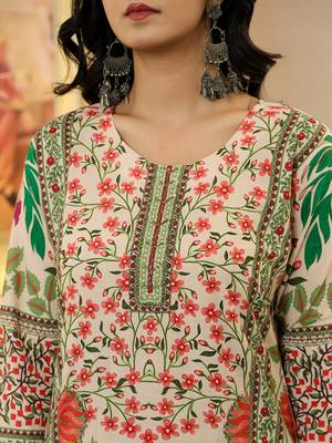 pink cotton straight floral print beads and stones lace work kurta dupatta set 4