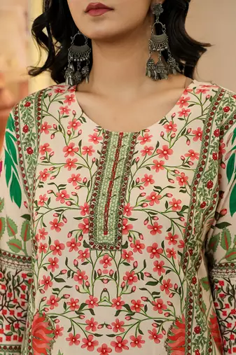 pink cotton straight floral print beads and stones lace work kurta dupatta set
