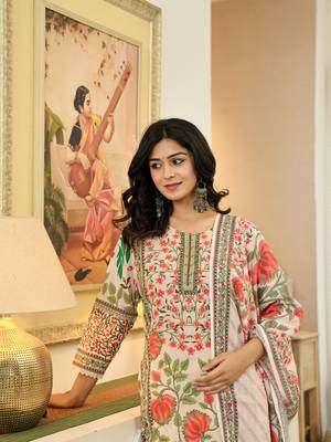 pink cotton straight floral print beads and stones lace work kurta dupatta set 5