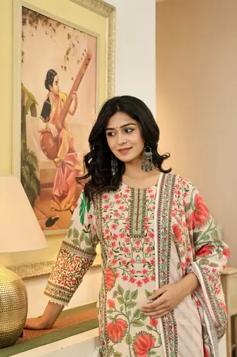 pink cotton straight floral print beads and stones lace work kurta dupatta set