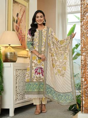 yellow cotton straight floral print beads and stones lace work kurta dupatta set 1