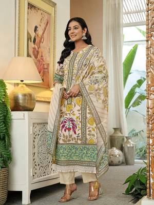 yellow cotton straight floral print beads and stones lace work kurta dupatta set 2