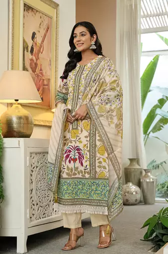 yellow cotton straight floral print beads and stones lace work kurta dupatta set