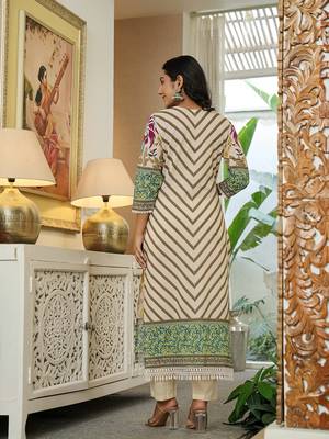 yellow cotton straight floral print beads and stones lace work kurta dupatta set 3