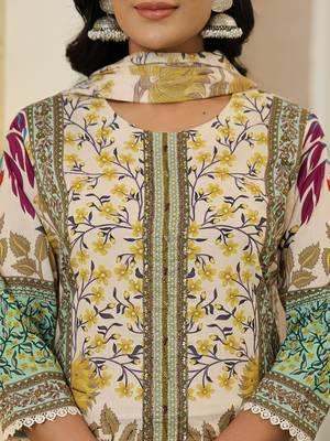 yellow cotton straight floral print beads and stones lace work kurta dupatta set 4