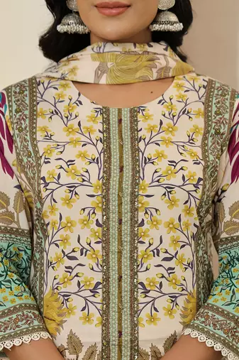 yellow cotton straight floral print beads and stones lace work kurta dupatta set