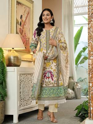 yellow cotton straight floral print beads and stones lace work kurta dupatta set 5