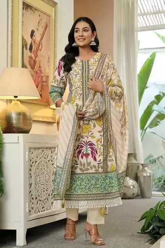 yellow cotton straight floral print beads and stones lace work kurta dupatta set