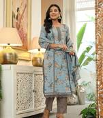 blue cotton straight lace work kurta dupatta set