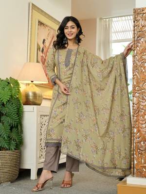 cream cotton straight lace work kurta dupatta set 1