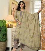 cream cotton straight lace work kurta dupatta set