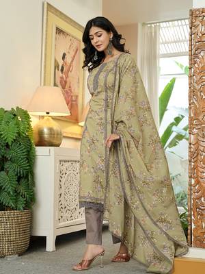 cream cotton straight lace work kurta dupatta set 2