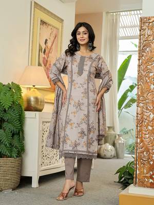 grey cotton straight lace work kurta dupatta set 1
