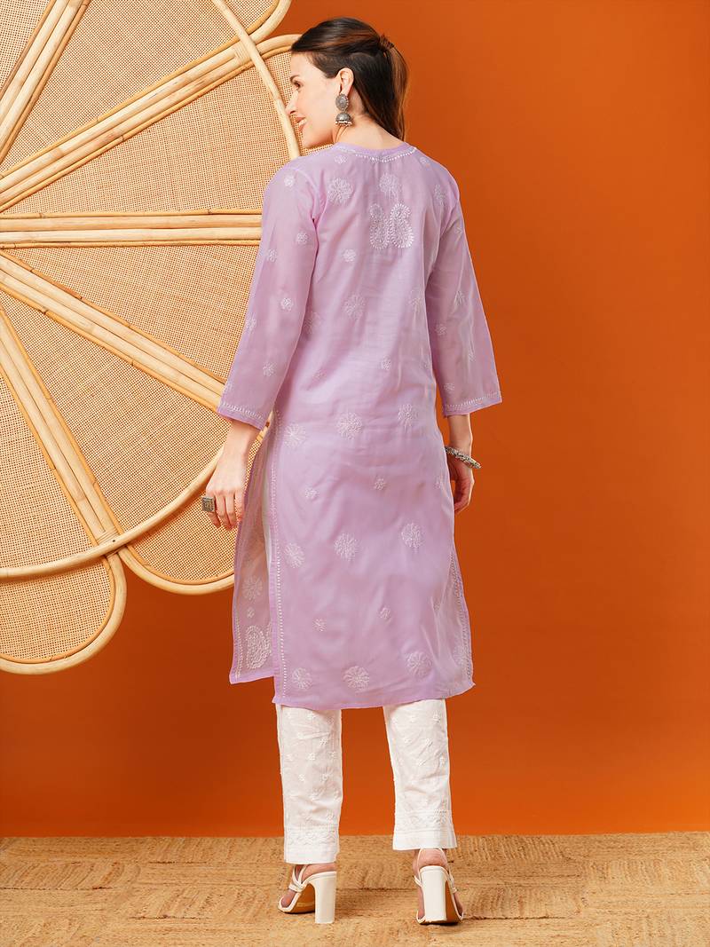 Hand embroidered lavender cotton lucknowi chikankari straight kurta