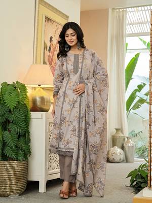 grey cotton straight lace work kurta dupatta set 2