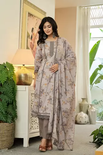 grey cotton straight lace work kurta dupatta set