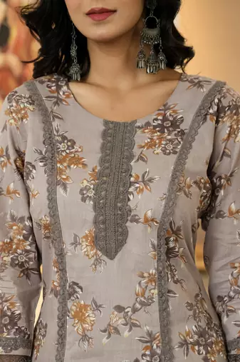 grey cotton straight lace work kurta dupatta set