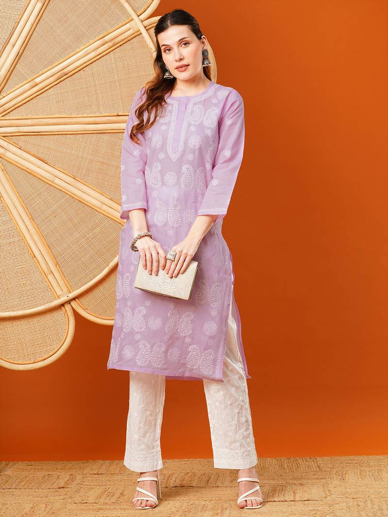 Hand embroidered lavender cotton lucknowi chikankari straight kurta