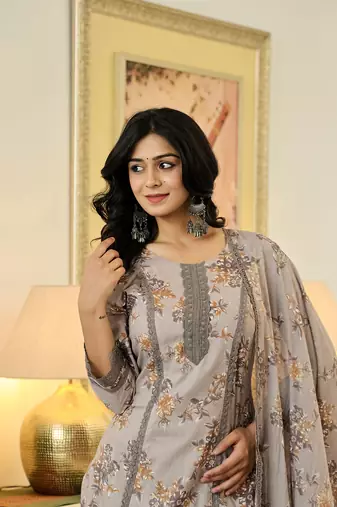 grey cotton straight lace work kurta dupatta set