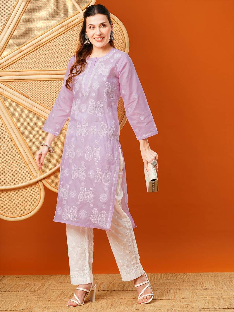 Hand embroidered lavender cotton lucknowi chikankari straight kurta