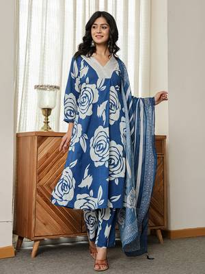 blue floral a-line kurta trouser dupatta set 1