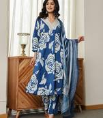 blue floral a-line kurta trouser dupatta set