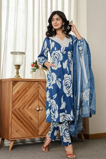 blue floral a-line kurta trouser dupatta set