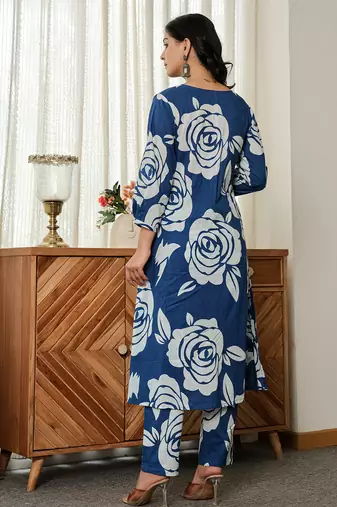 blue floral a-line kurta trouser dupatta set