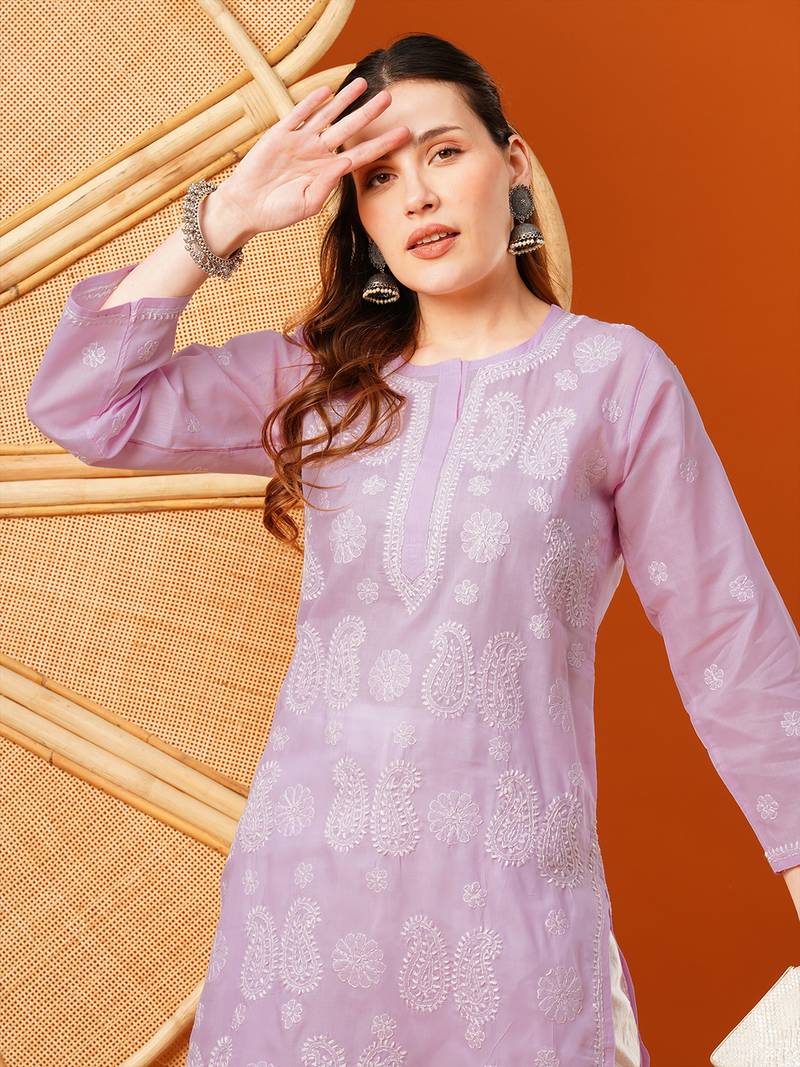 Hand embroidered lavender cotton lucknowi chikankari straight kurta