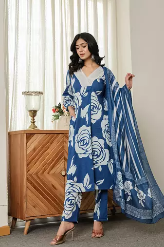blue floral a-line kurta trouser dupatta set