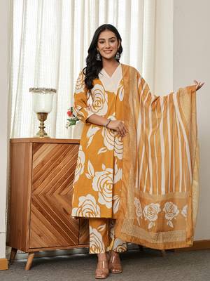 mustard yellow floral a-line kurta trouser dupatta set 1