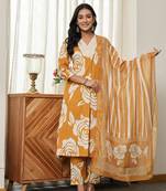 mustard yellow floral a-line kurta trouser dupatta set