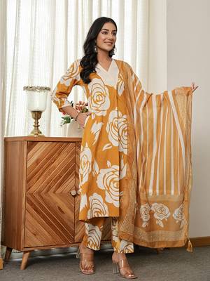 mustard yellow floral a-line kurta trouser dupatta set 2