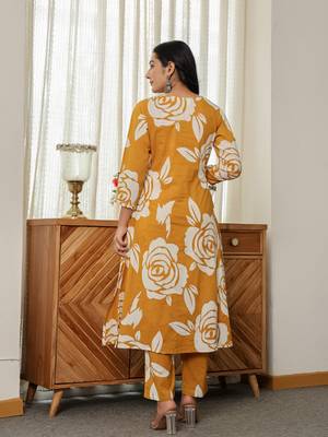 mustard yellow floral a-line kurta trouser dupatta set 3