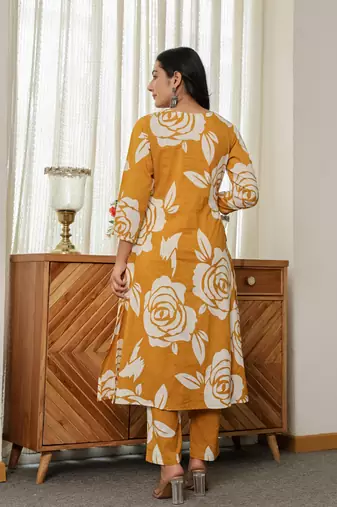 mustard yellow floral a-line kurta trouser dupatta set