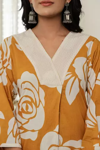 mustard yellow floral a-line kurta trouser dupatta set